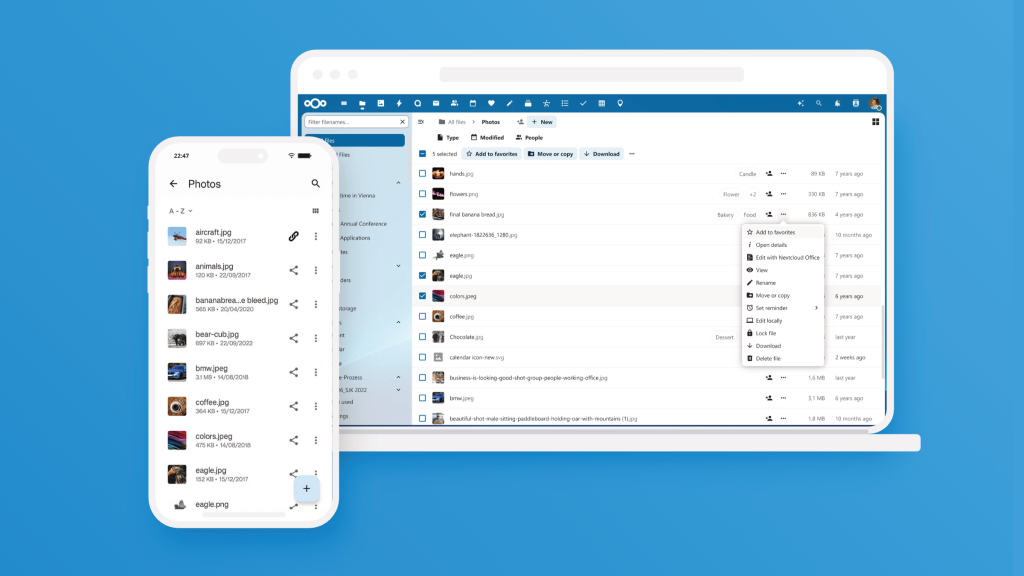 Screenshot van Nextcloud mobiel en desktop schermen